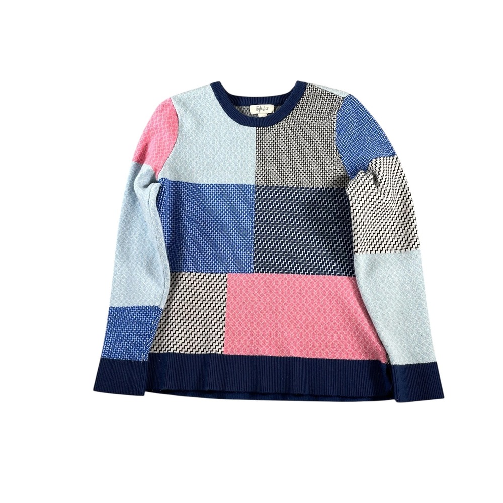 Style‎ & Co Womens Patchwork Colorblock Knit Sweater Blue Pink Size Small